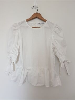 English Factory White Peplum Blouse with Tie Cuffs
